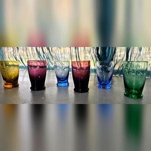 Set of 6 VERY RARE Vintage Blown Etched Colored Glass - Tiny Shot Glasses